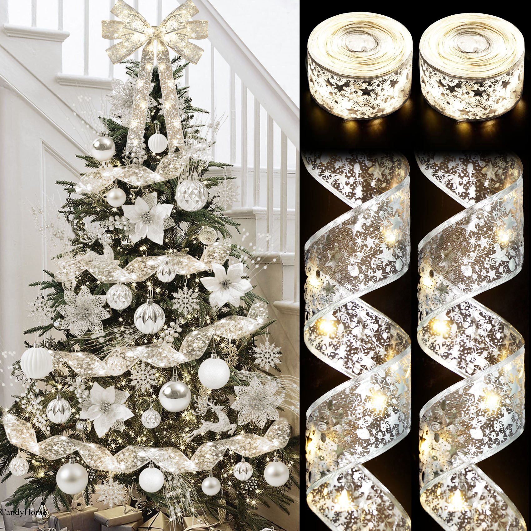 CandyHome 2 Pcs Christmas Tree Decorations, Total 40ft 120 Led Christmas Tree Ribbon Lights Battery Operated Ribbon Bows Copper Wire String Lights for Xmas Party Holiday New Year Home Decor, Silver