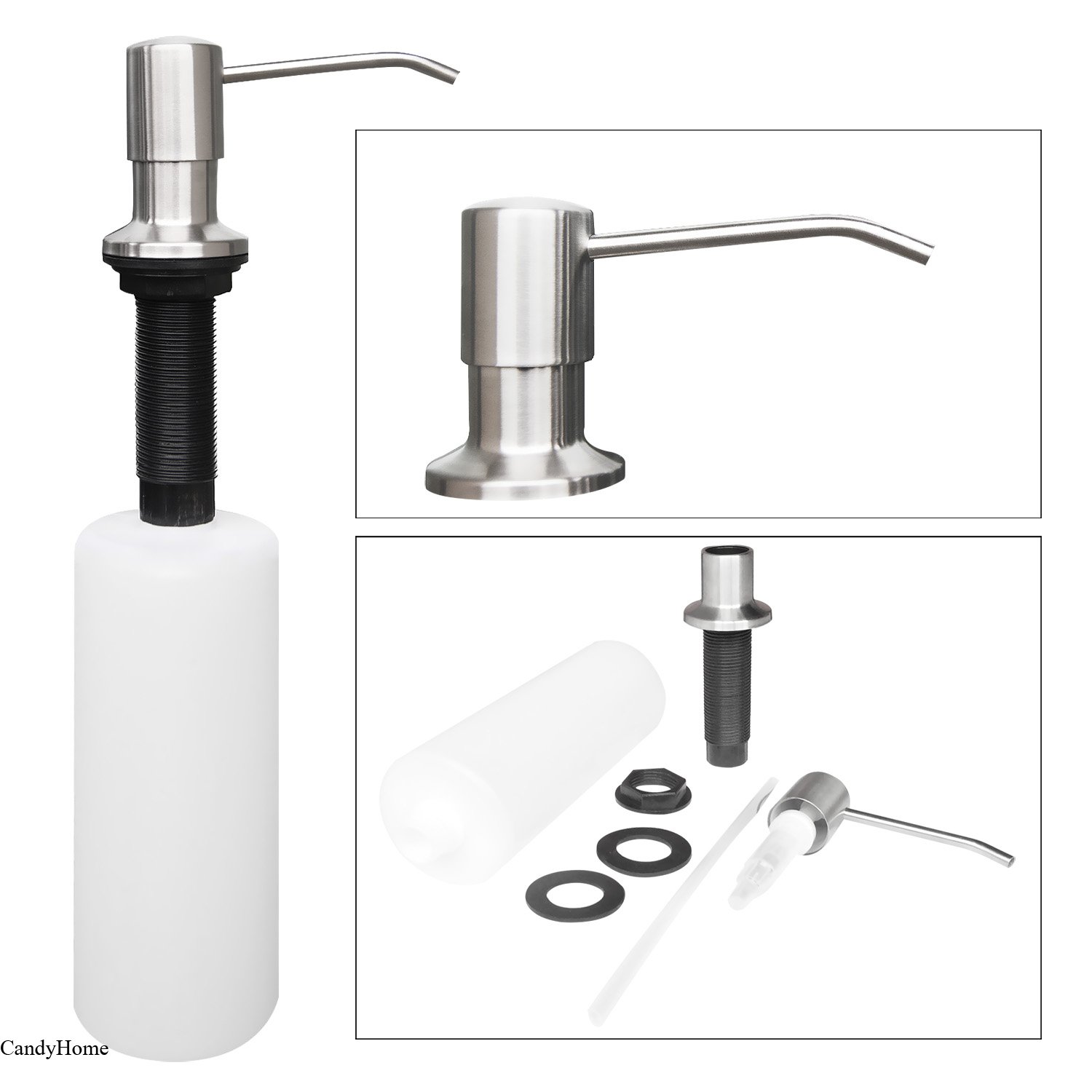 CandyHome Stainless Steel Kitchen Sink Countertop Soap Dispenser Built in Hand Soap Dispenser Pump, Large Capacity 17 OZ Bottle, 3.15 Inch Threaded Tube for Thick Deck Installation