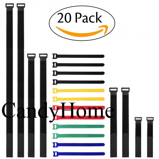 CandyHome Pack of 20 Reusable Fastening Cable Straps and Cable Ties Set, Adjustable Multipurpose Hook and Loop Securing Straps for Cord Management by CandyHome - Click Image to Close
