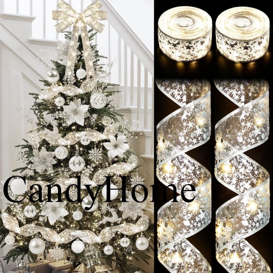 CandyHome 2 Pcs Christmas Tree Decorations, Total 40ft 120 Led Christmas Tree Ribbon Lights Battery Operated Ribbon Bows Copper Wire String Lights for Xmas Party Holiday New Year Home Decor, Silver - Click Image to Close