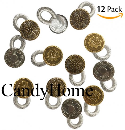 CandyHome CandyHome 12 Pcs No Sew Elastic Spring Brass Metal Button Pant Extenders Jeans Collar Button Pant Extender - Click Image to Close